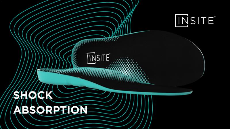 A pair of black and teal Insite shock absorbing insoles with text that reads "Shock Absorption" over a black background with teal shock waves.